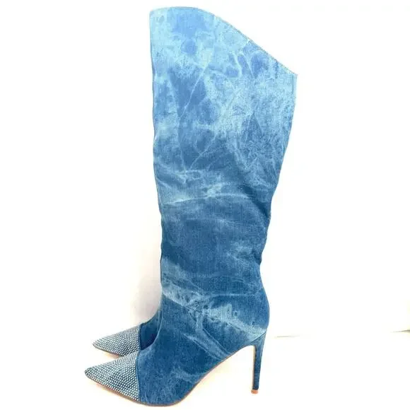 Fashion Nova Rhinestone Denim Knee High Boots Size 10 - Picture 5 of 9